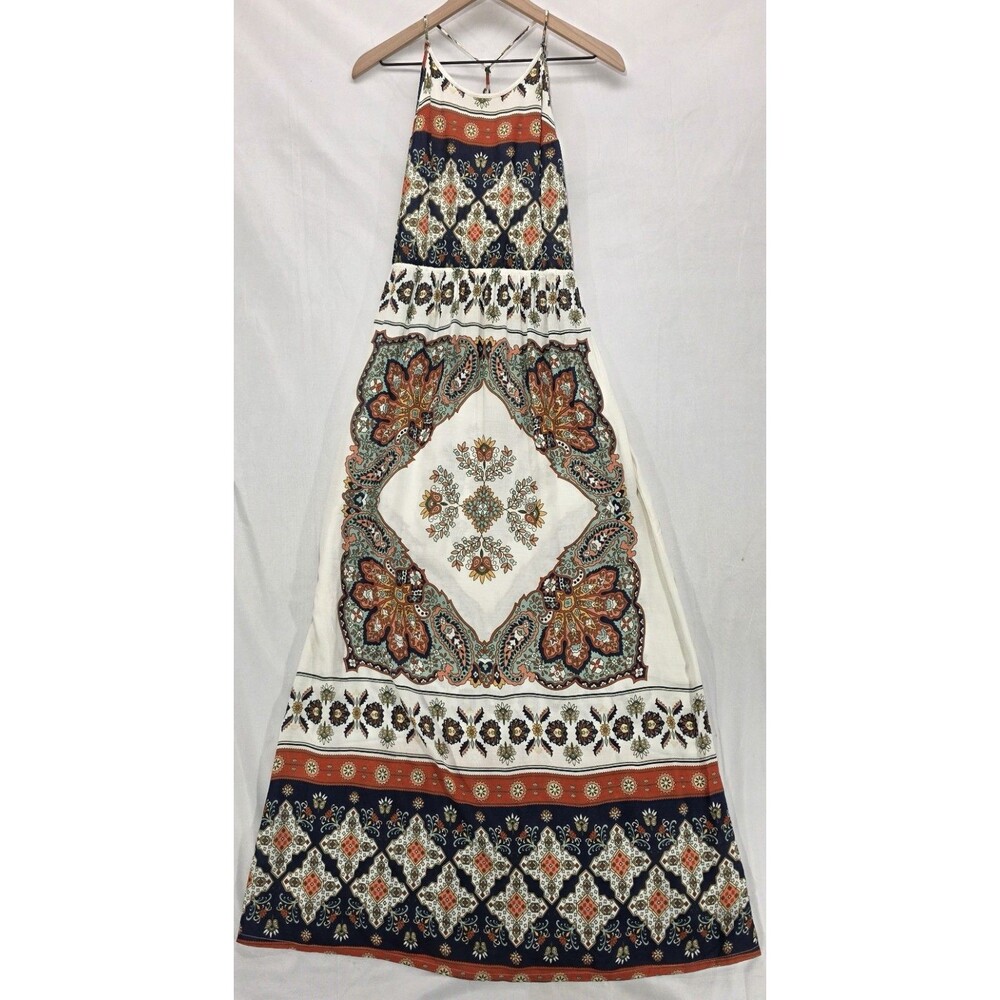 Roxy Halter Maxi Dress Handkerchief Print Backless Boho Hippie Festival Vacay M